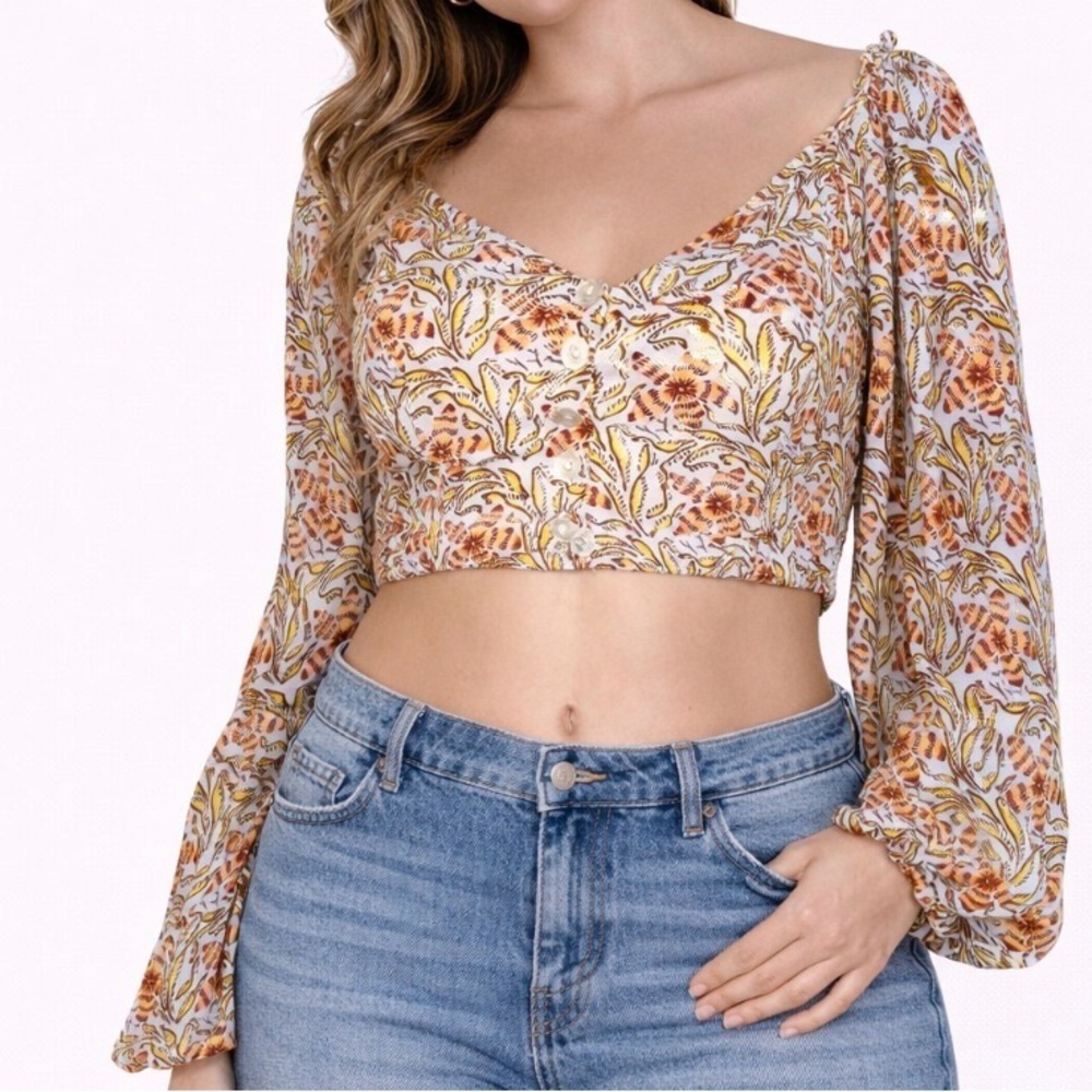 Urban Outfitters cropped long sleeve peasant Boho sexy top button front SZ SM